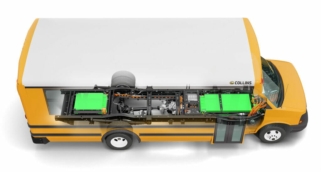 Lightning ZEV4Type A school bus has batteries entirely between the frame rails