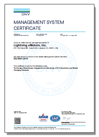 Lightning eMotors ISO9001 certificate